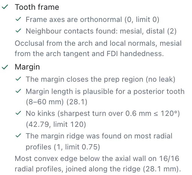 The draft review's first two steps with their checks: tooth frame axes orthonormal and both neighbour contacts found; margin closes the prep region, 28.1 mm long, no kinks (42.79° against a 120° limit), ridge found on all radial profiles.