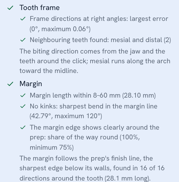 The draft review's first two steps with their checks: the frame directions at right angles (largest error 0°, maximum 0.06°) and neighbouring teeth found mesial and distal; the margin 28.10 mm long, no kinks (sharpest bend 42.79°, maximum 120°), its edge clear all the way round (100%, minimum 75%).