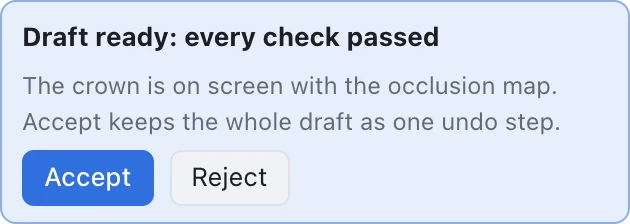 The editor's draft review: Draft ready, every check passed, with Accept and Reject.